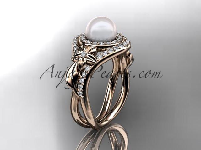 Unique 14kt rose gold diamond pearl floral leaf and vine engagement ring AP245 - AnjaysDesigns
