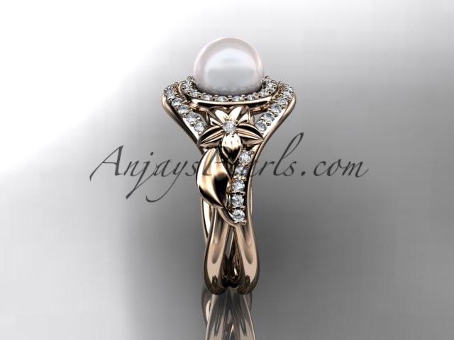 Unique 14kt rose gold diamond pearl floral leaf and vine engagement ring AP245 - AnjaysDesigns