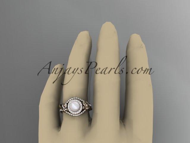 Unique 14kt rose gold diamond pearl floral leaf and vine engagement ring AP245 - AnjaysDesigns