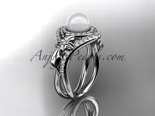 Unique 14kt white gold diamond pearl floral leaf and vine engagement ring AP245 - AnjaysDesigns