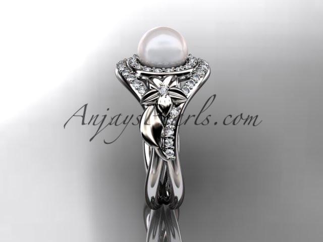 Unique platinum diamond pearl floral leaf and vine engagement ring AP245 - AnjaysDesigns