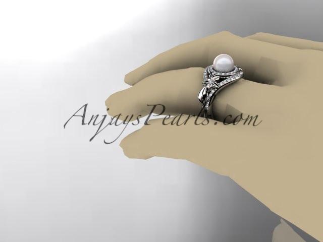 Unique platinum diamond pearl floral leaf and vine engagement ring AP245 - AnjaysDesigns