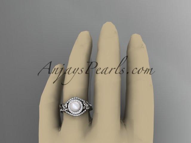 Unique platinum diamond pearl floral leaf and vine engagement ring AP245 - AnjaysDesigns