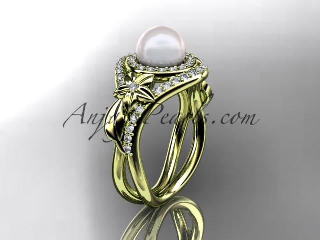 Unique 14kt yellow gold diamond pearl floral leaf and vine engagement ring AP245 - AnjaysDesigns