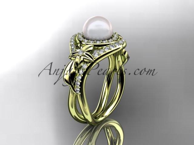 Unique 14kt yellow gold diamond pearl floral leaf and vine engagement ring AP245 - AnjaysDesigns