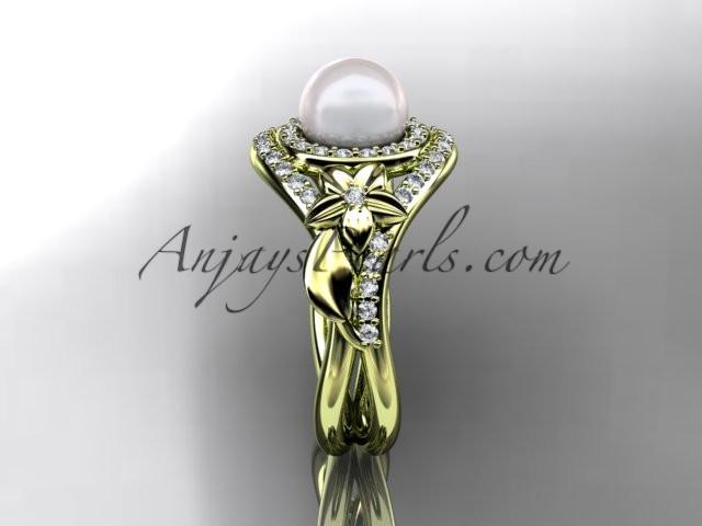 Unique 14kt yellow gold diamond pearl floral leaf and vine engagement ring AP245 - AnjaysDesigns
