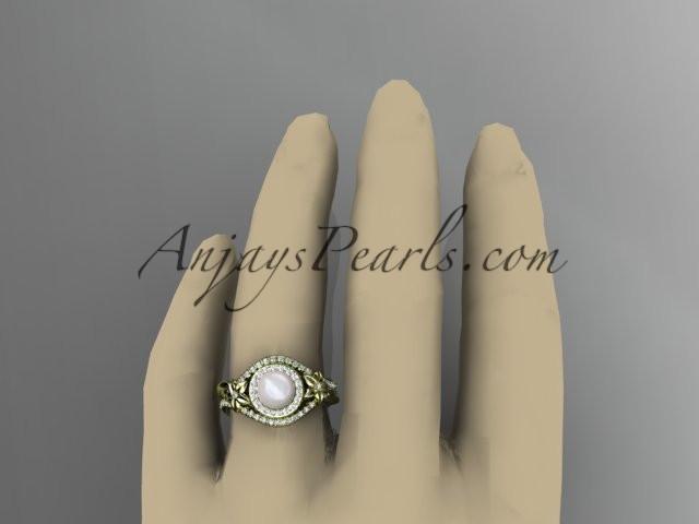 Unique 14kt yellow gold diamond pearl floral leaf and vine engagement ring AP245 - AnjaysDesigns