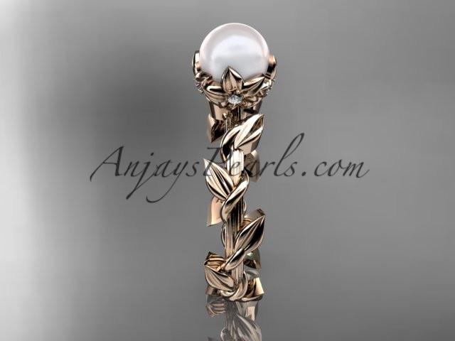 Unique 14kt rose gold diamond pearl leaf and vine engagement ring AP248 - AnjaysDesigns