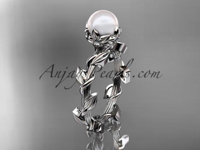 Unique platinum diamond pearl leaf and vine engagement ring AP248 - AnjaysDesigns