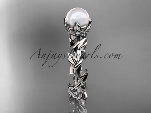 Unique 14kt white gold diamond pearl leaf and vine engagement ring AP248 - AnjaysDesigns