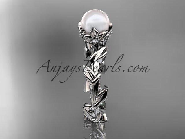 Unique platinum diamond pearl leaf and vine engagement ring AP248 - AnjaysDesigns