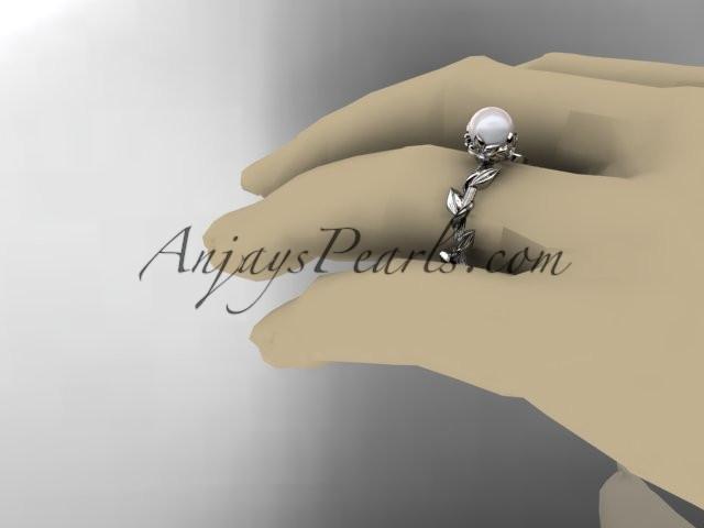 Unique 14kt white gold diamond pearl leaf and vine engagement ring AP248 - AnjaysDesigns