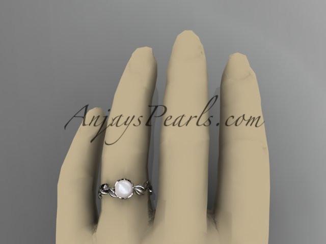 Unique 14kt white gold diamond pearl leaf and vine engagement ring AP248 - AnjaysDesigns