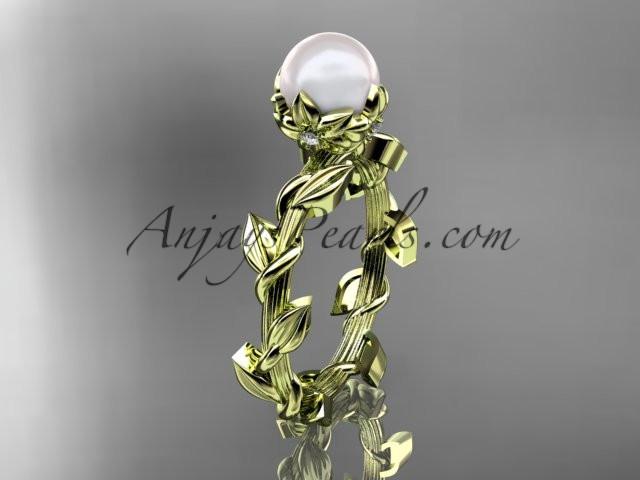 Unique 14kt yellow gold diamond pearl leaf and vine engagement ring AP248 - AnjaysDesigns