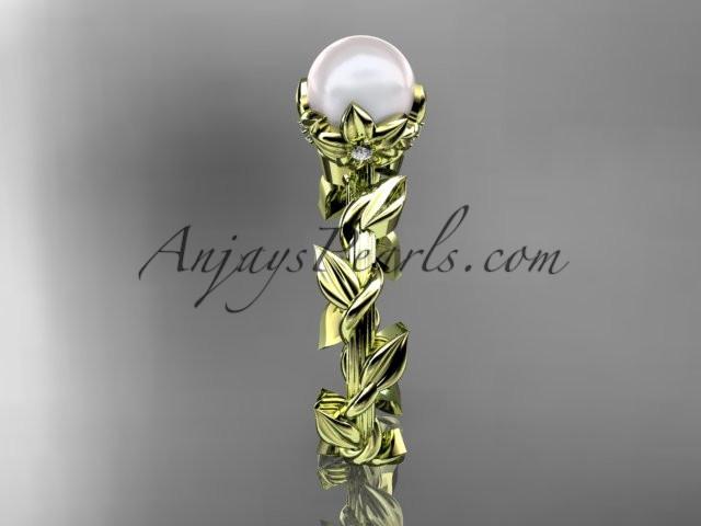Unique 14kt yellow gold diamond pearl leaf and vine engagement ring AP248 - AnjaysDesigns