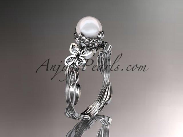 Platinum diamond pearl leaf and vine engagement ring AP251 - AnjaysDesigns