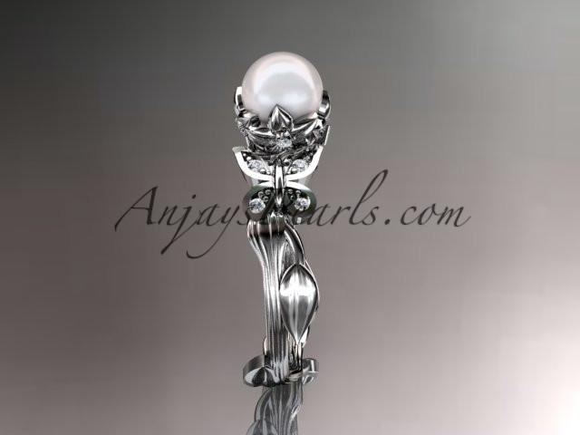 Platinum diamond pearl leaf and vine engagement ring AP251 - AnjaysDesigns