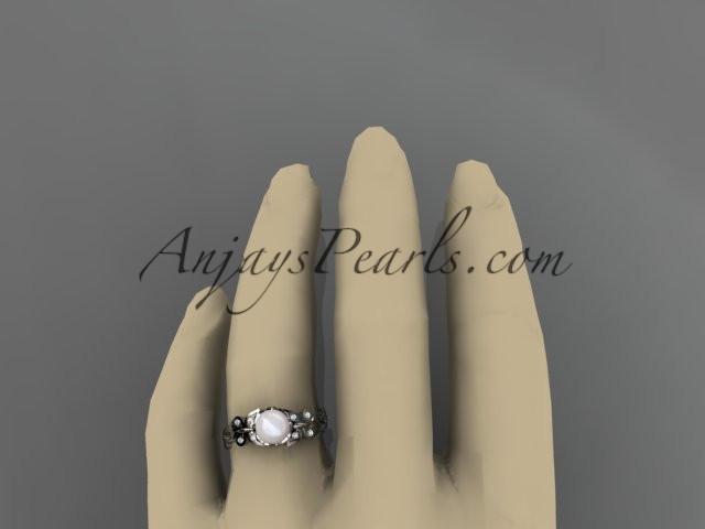 Platinum diamond pearl leaf and vine engagement ring AP251 - AnjaysDesigns