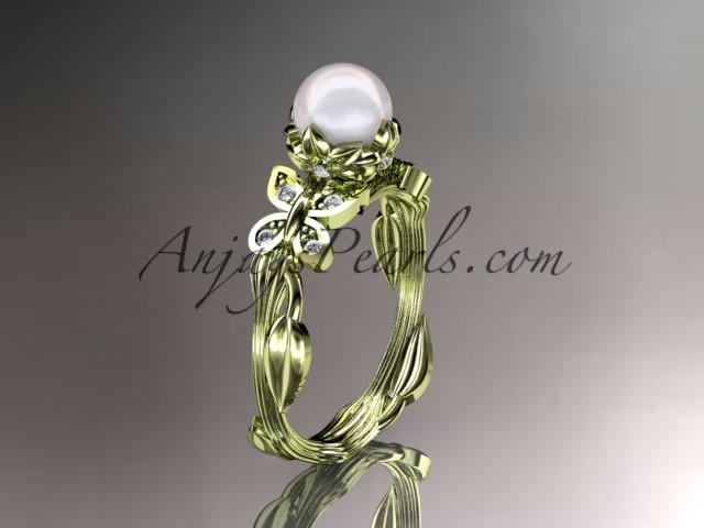 14kt yellow gold diamond pearl leaf and vine engagement ring AP251 - AnjaysDesigns