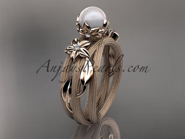 Unique 14kt rose gold diamond leaf and vine pearl engagement ring AP253 - AnjaysDesigns