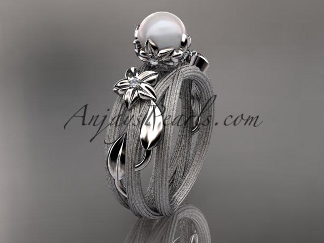 Unique 14kt white gold diamond leaf and vine pearl engagement ring AP253 - AnjaysDesigns