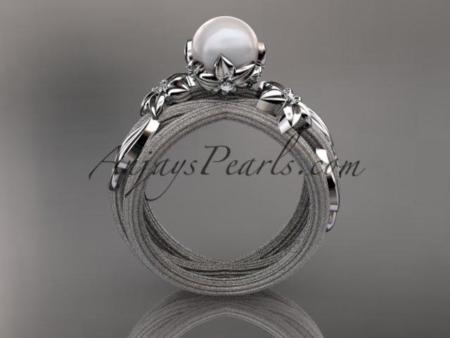 Unique platinum diamond leaf and vine pearl engagement ring AP253 - AnjaysDesigns