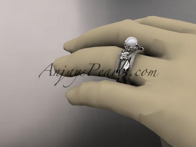 Unique 14kt white gold diamond leaf and vine pearl engagement ring AP253 - AnjaysDesigns