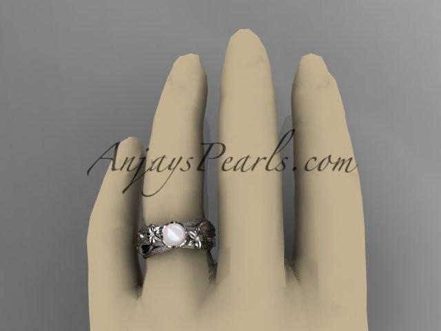 Unique platinum diamond leaf and vine pearl engagement ring AP253 - AnjaysDesigns