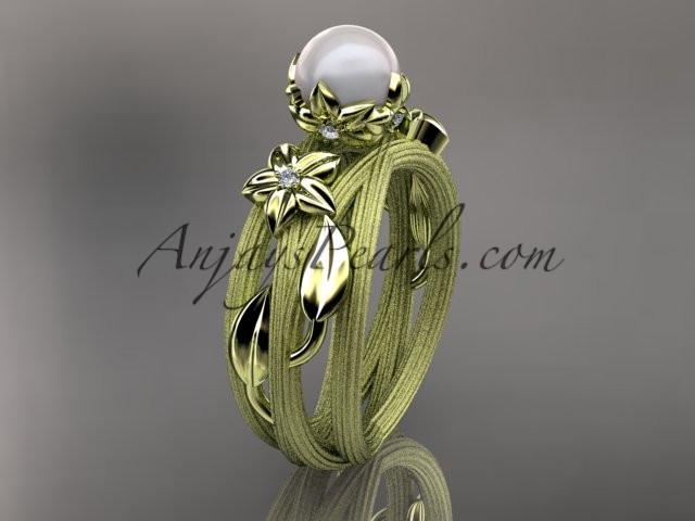 Unique 14kt yellow gold diamond leaf and vine pearl engagement ring AP253 - AnjaysDesigns