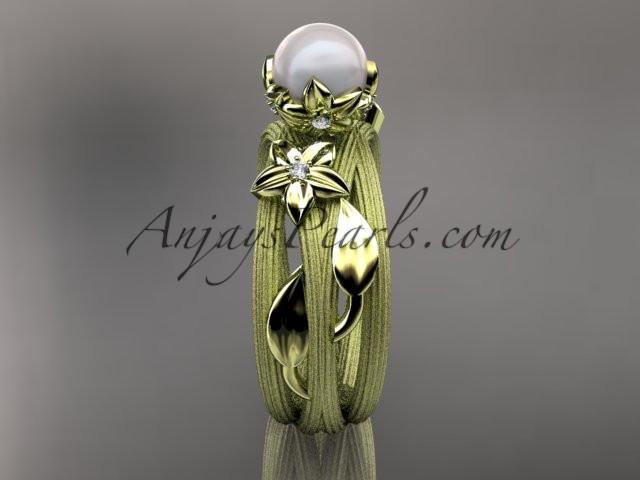 Unique 14kt yellow gold diamond leaf and vine pearl engagement ring AP253 - AnjaysDesigns