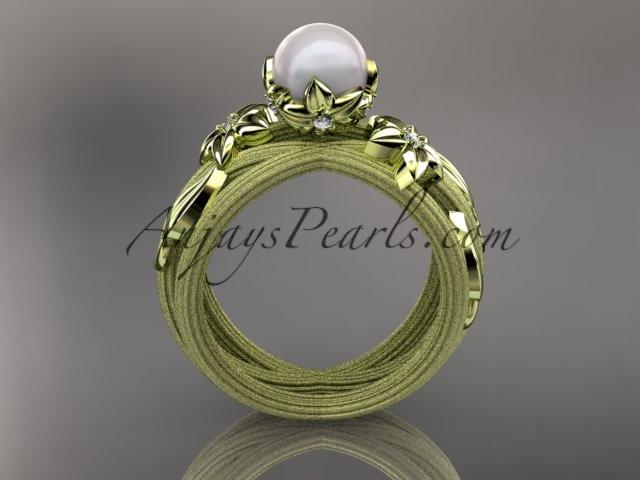 Unique 14kt yellow gold diamond leaf and vine pearl engagement ring AP253 - AnjaysDesigns
