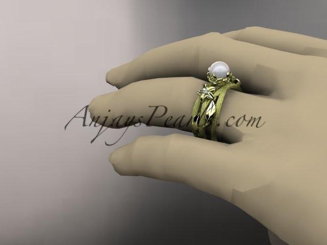 Unique 14kt yellow gold diamond leaf and vine pearl engagement ring AP253 - AnjaysDesigns