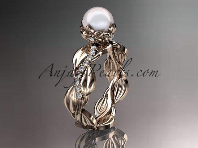 Unique 14kt rose gold diamond leaf and vine pearl engagement ring AP258 - AnjaysDesigns