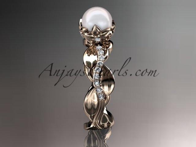 Unique 14kt rose gold diamond leaf and vine pearl engagement ring AP258 - AnjaysDesigns