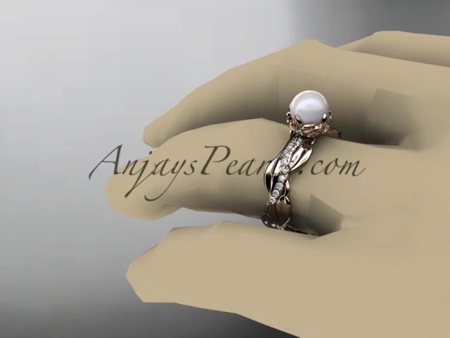Unique 14kt rose gold diamond leaf and vine pearl engagement ring AP258 - AnjaysDesigns