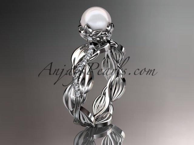 Unique 14kt white gold diamond leaf and vine pearl engagement ring AP258 - AnjaysDesigns