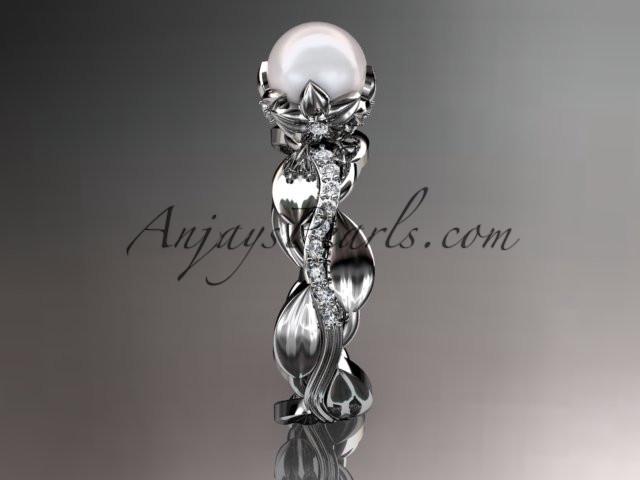 Unique platinum diamond leaf and vine pearl engagement ring AP258 - AnjaysDesigns