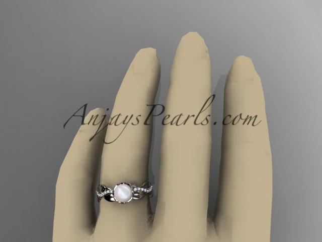 Unique platinum diamond leaf and vine pearl engagement ring AP258 - AnjaysDesigns