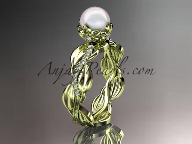 Unique 14kt yellow gold diamond leaf and vine pearl engagement ring AP258 - AnjaysDesigns