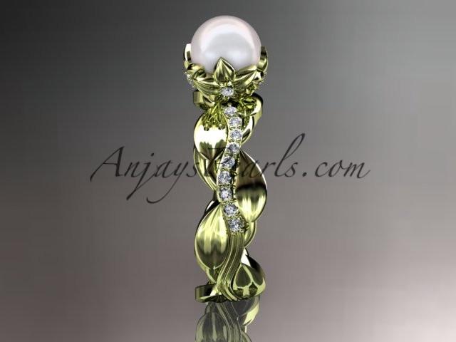 Unique 14kt yellow gold diamond leaf and vine pearl engagement ring AP258 - AnjaysDesigns
