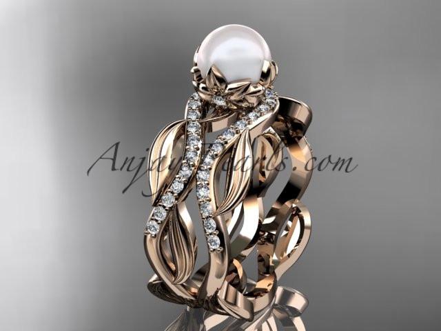 Unique 14kt rose gold diamond pearl floral leaf and vine engagement set AP264S - AnjaysDesigns