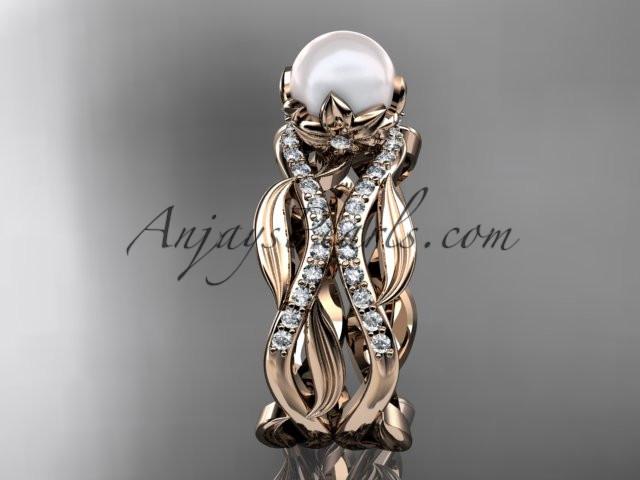 Unique 14kt rose gold diamond pearl floral leaf and vine engagement set AP264S - AnjaysDesigns