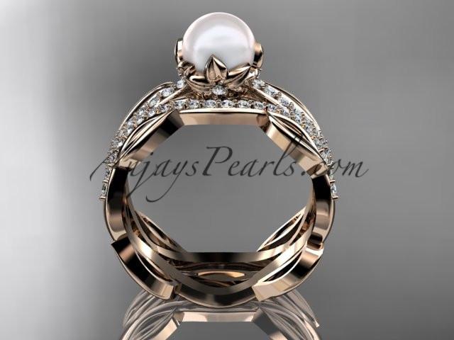Unique 14kt rose gold diamond pearl floral leaf and vine engagement set AP264S - AnjaysDesigns