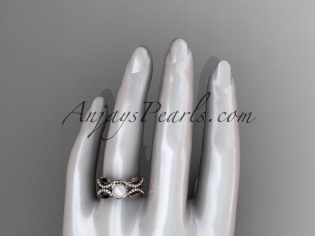 Unique 14kt rose gold diamond pearl floral leaf and vine engagement set AP264S - AnjaysDesigns