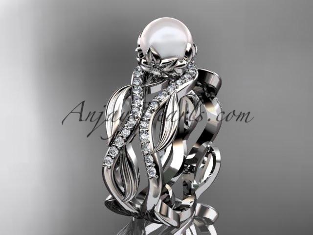 Unique platinum diamond pearl floral leaf and vine engagement set AP264S - AnjaysDesigns