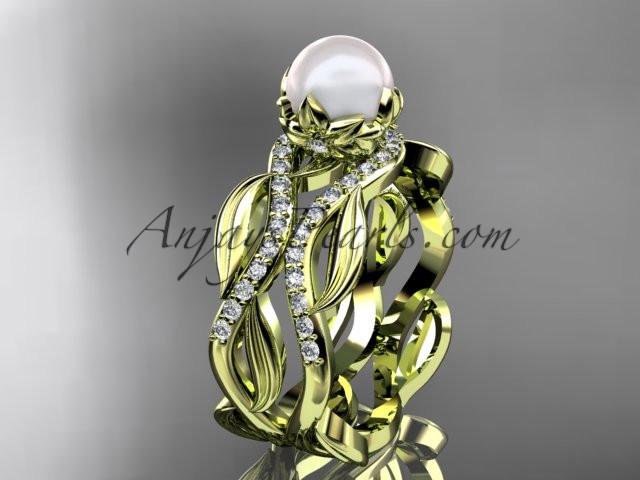 Unique 14kt yellow gold diamond pearl floral leaf and vine engagement set AP264S - AnjaysDesigns