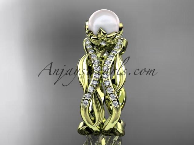 Unique 14kt yellow gold diamond pearl floral leaf and vine engagement set AP264S - AnjaysDesigns