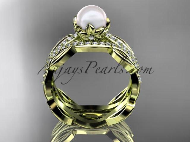 Unique 14kt yellow gold diamond pearl floral leaf and vine engagement set AP264S - AnjaysDesigns