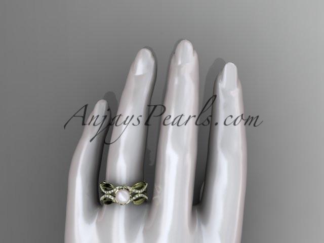 Unique 14kt yellow gold diamond pearl floral leaf and vine engagement set AP264S - AnjaysDesigns