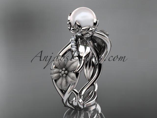 Unique platinum diamond floral leaf and vine pearl engagement ring AP270 - AnjaysDesigns